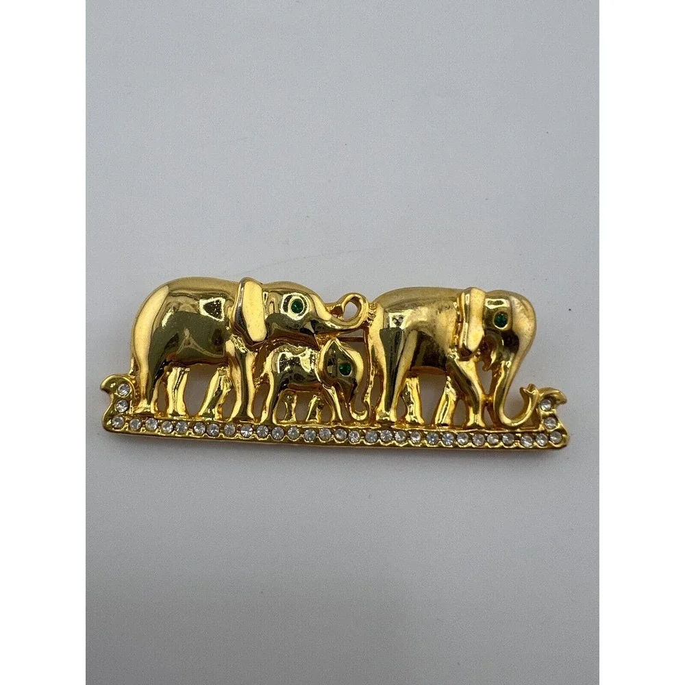 Vintage Gold Tone Three Elephants Walking Brooch Pin Estate 90s Bold Big Classic
